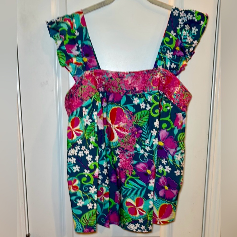 NWT Emily Wonder Floral Blue and Pink ruffle with embroidered front border M